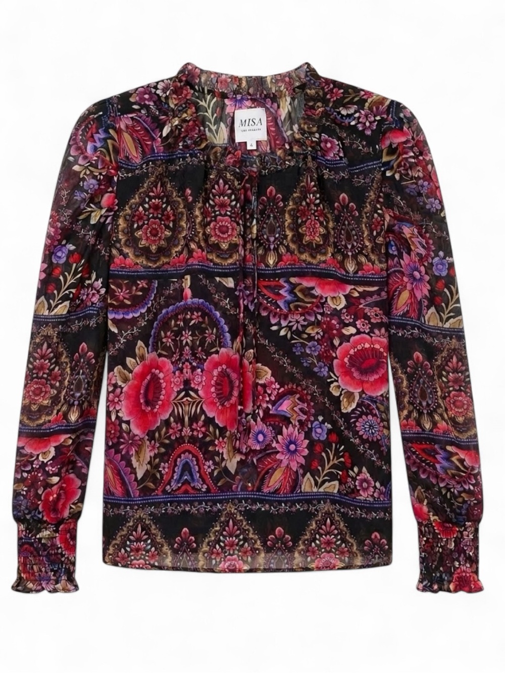 Misa Los Angeles Black Floral Peasant Blouse with Pink & Purple Blooms